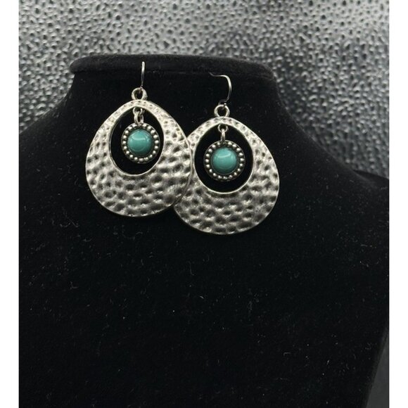 Silver Toned Hammered Hoop Oval Earrings With Turquoise Toned Stone Dangle - Picture 2 of 4